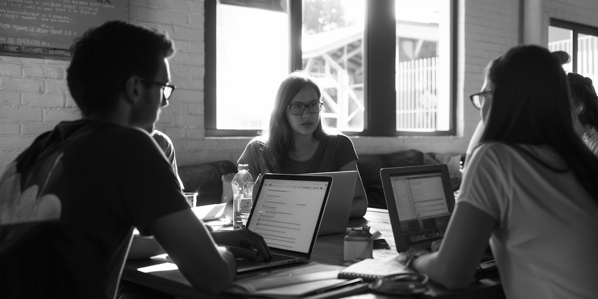 Three people sitting at a table with laptops in a casual setting.