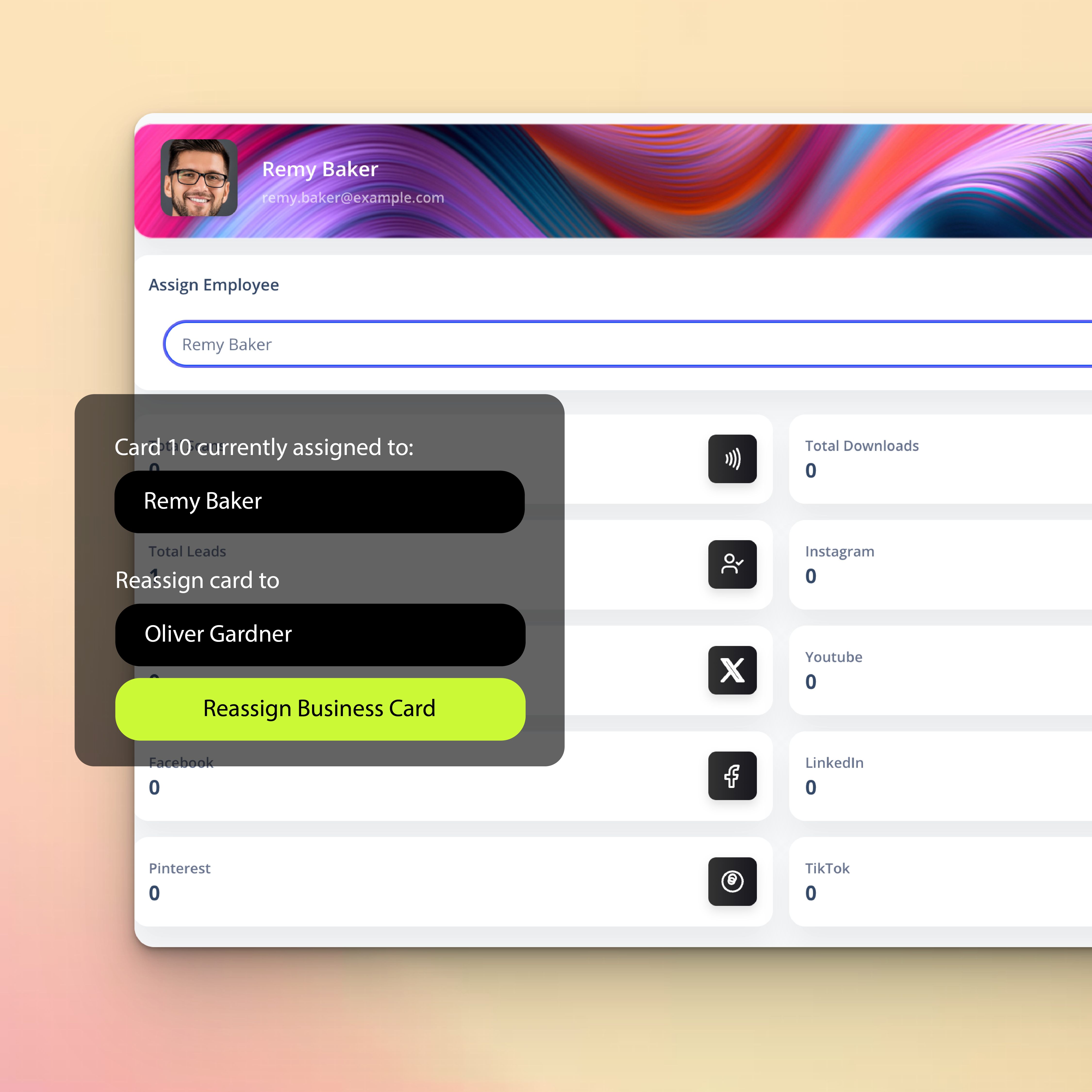 NFC business card dashboard interface showing employee card management