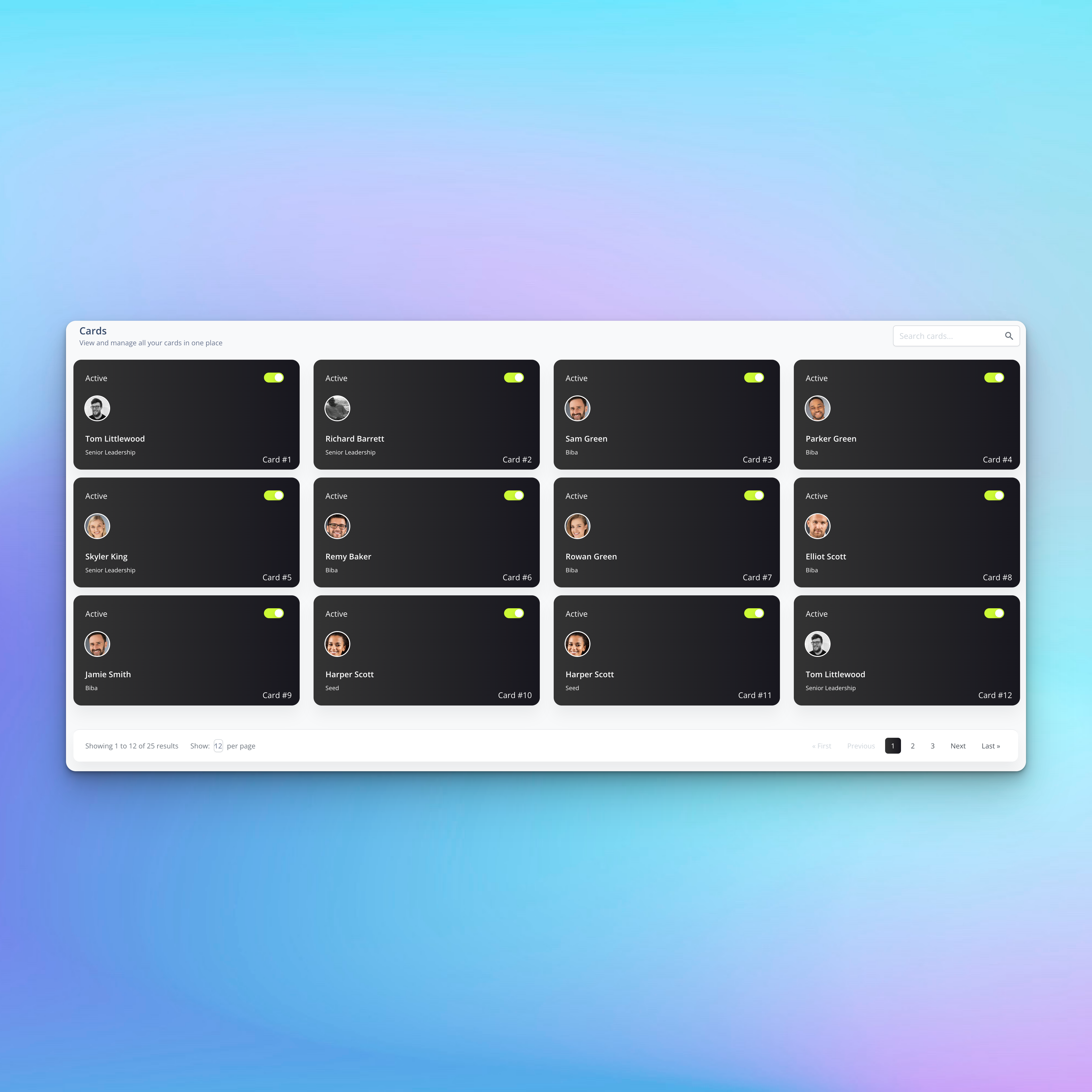 Kinect Card dashboard for assigning and reassigning NFC business cards