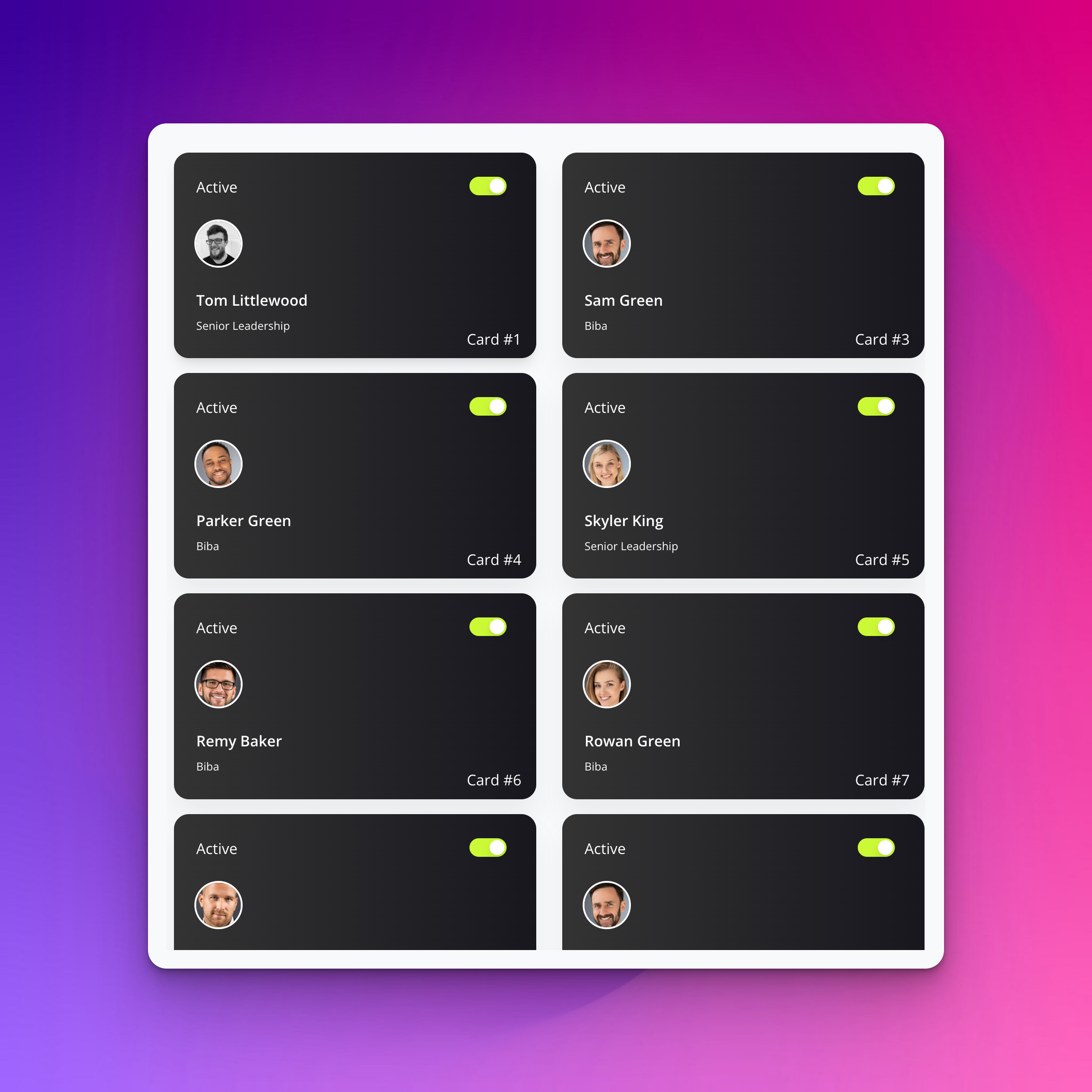 NFC Business card dashboard showing employees assigned to business card seats