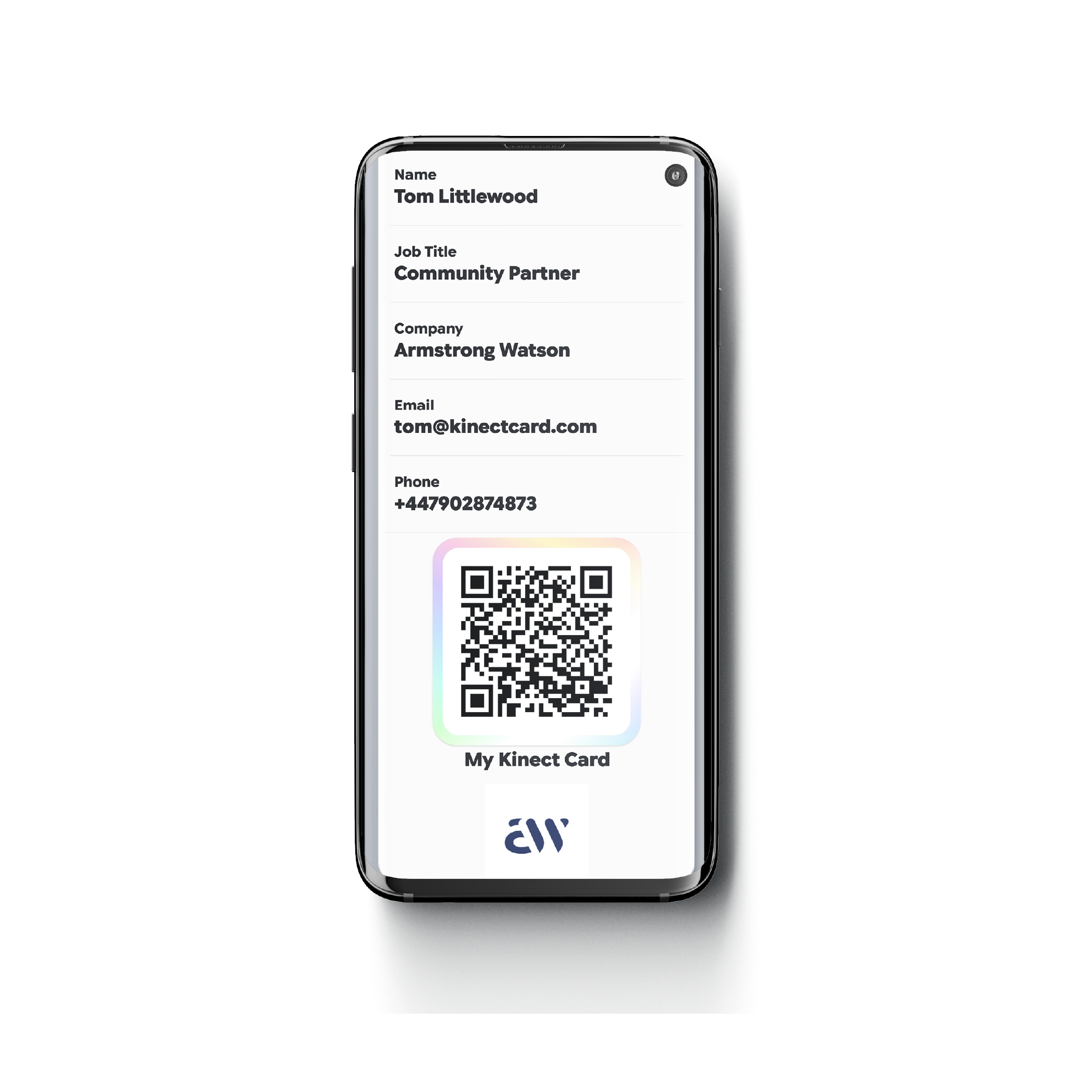 Kinect Digital business card displayed in Google Wallet on Samsung Phone